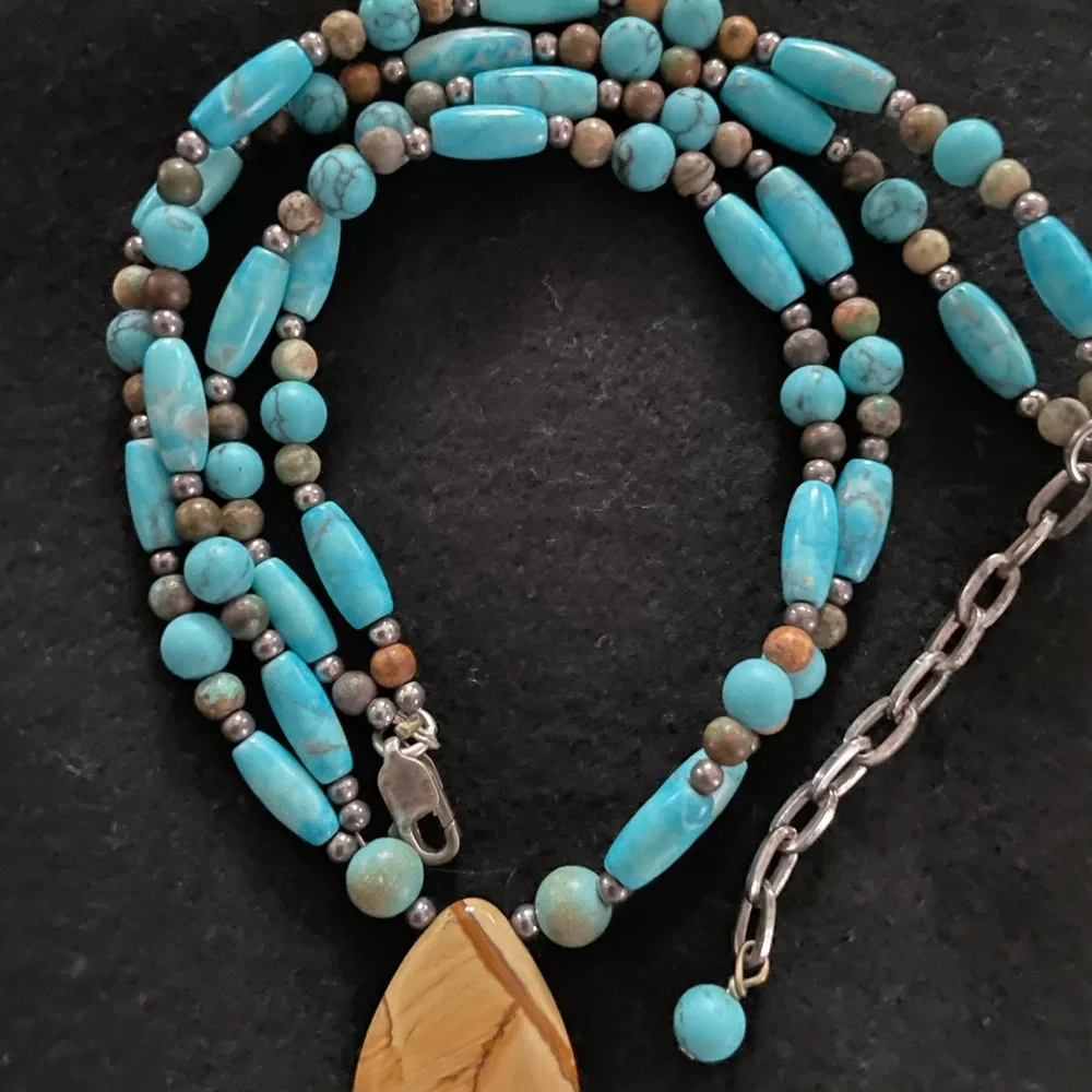 Genuine Turquoise Jasper Gemstone Beaded Necklace Silver Clasp 16-18”